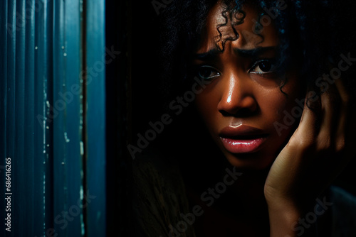 The unfortunate victim, a dark-skinned girl, hides from the rapist behind the door