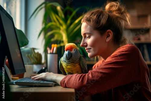 A cute friendly parrot interferes with the work of its female owner, a freelancer, from a cozy home office