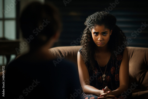Dark-skinned sad teenage girl shares her traumas with a psychologist