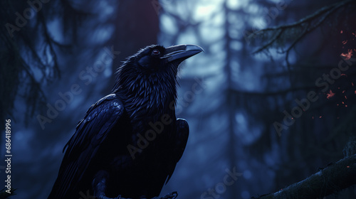 Black raven perched on a branch in a dark and misty forest. The dark background add a spooky and eerie atmosphere. Perfect image for Halloween, autumn, and nature enthusiasts.