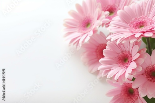 Close-up of pink barberton daisy petals against a white background, with space for personalized text. Generative AI