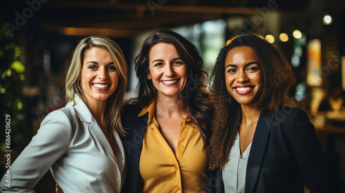 three happy colleagues or friends or group or team, women 30 years old or 40, intercultural multiracial and caucasian, smiling in a good mood, in the office, group photo