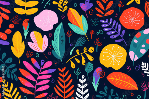 Colorful Organic Shape Doodles and Random Childish Doodle Cutouts of Tropical Leaves and Hands in Nature-Themed Art