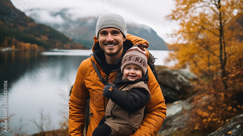 father and child traveling together outdoor on Norway family vacations in autumn season.