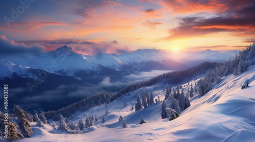 beautiful sunset scene in winter landscape in mountains Julian Alps