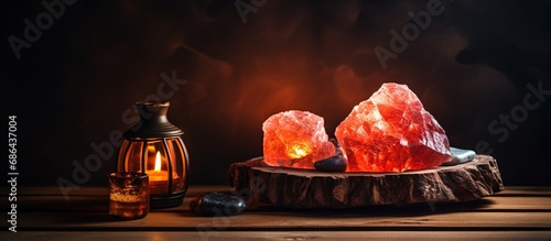 Himalayan salt lamp gives a relaxing red glow against a dark backdrop at night