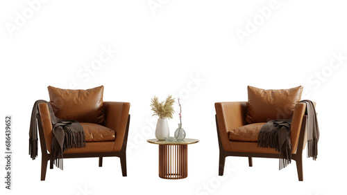 Living room wall mockup with leather armchair and decor on transparent background.3d rendering