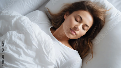 白い服でベッドで布団をかけて寝ている女性のアップ