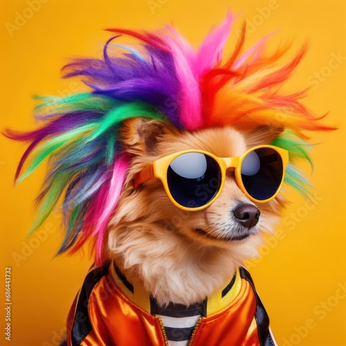 studio style shot of dog dressed in brightly coloured flamboyant clothing