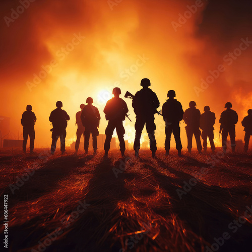 silhouettes of military men in uniform against the background of sunset, fire and smoke, war