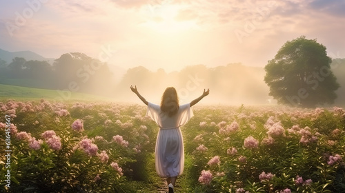 adult asia traveller woman open arm relax in to blossom ark field in misty morning with sunlight