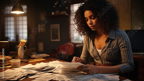 Black woman with bills all over the desk looking stressed. Concept of Financial Pressure, Economic Struggles, and Managing the Challenges of Daily Life.