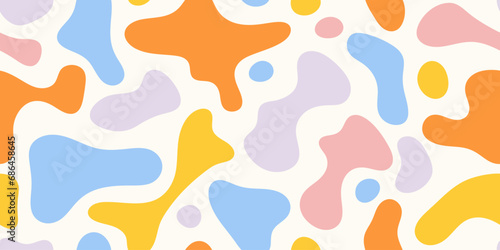 Colorful abstract organic shape seamless pattern illustration. Smooth round shapes background, creative drawing texture print. Dynamic liquid splash repeating wallpaper design. 