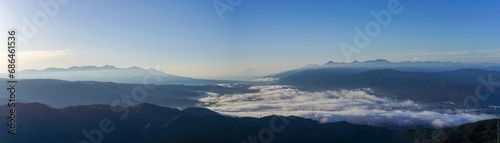高ボッチ高原からみた富士山と雲海に覆われた諏訪湖のパノラマ情景