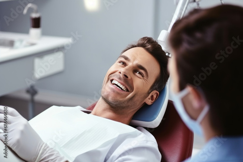 Happy male patient sitting in dentist's chair and talking with dentist in dental chair at clinic