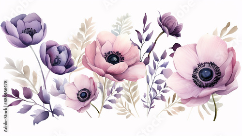 marvelous violet purple and burgundy anemone dusty mauve and lilac rose on white background