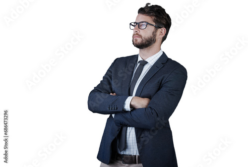 Business man, thinking and worker with idea about corporate job and professional with glasses. Suit, male person and worker confidence from working isolated on a transparent, png background