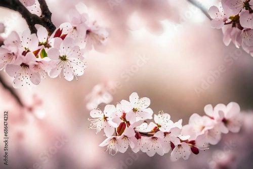 Soft-focus cherry blossoms in bloom, creating a sea of delicate pink.
