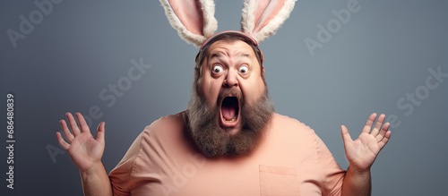 Fat man with beard wearing bunny ears looks disgusted.