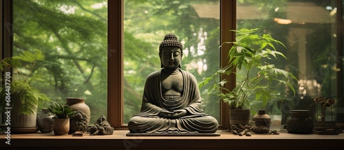 Buddha sculpture in window display