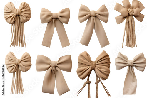 Set of beige canvas, rope and raffia bows isolated on white background. generative ai.