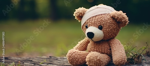 Hurt teddy bear with bandage on its head