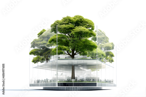 Sustainable glass office building with tree for reducing carbon dioxide. generative ai.