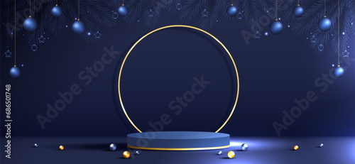 Podium shape for show cosmetic product display for Christmas day or New Years. Stand product showcase on blue background with tree, ball and stars christmas. vector design.