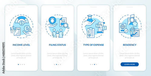 Criteria for taxpayers blue onboarding mobile app screen. Tax policy walkthrough 4 steps editable graphic instructions with linear concepts. UI, UX, GUI template. Myriad Pro-Bold, Regular fonts used