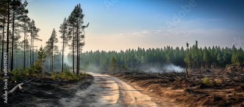 Forest regeneration after a previous fire, filled with pine and heather, and a forest road. Focus on sustainable management and environmental balance.