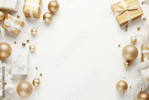 Creative winter composition made of present boxes and decorative golden baubles on white background with copy space. Christmas and new year concept. Minimal style. Top view. Flat lay