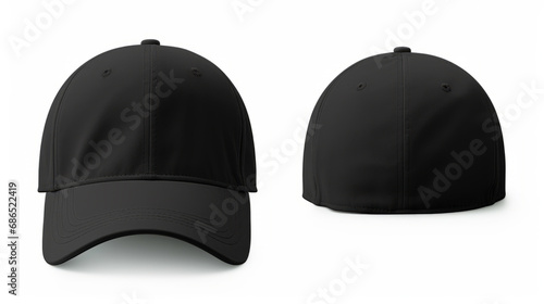 Front and back view of black cap on white background