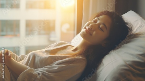Simple lifestyle, Asian woman wakes up from good sleep on weekend morning, takes some rest, relax in comfortable bedroom at hotel window, happy lazy day, comfortable, dreaming 
