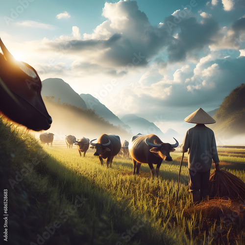Farmer and water buffalos are in the rice field.