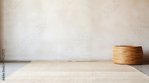 Minimalistic boho background with jute carpet and raffia basket.