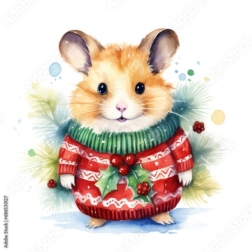 Generative AI, cute hamster animal, pet in Christmas hat and ugly sweaters, watercolor style.