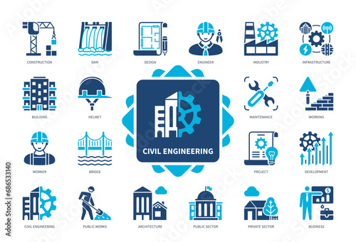 Civil Engineering icon set. Design, Working, Maintenance, Construction, Environment, Architecture, Infrastructure, Industry. Duotone color solid icons