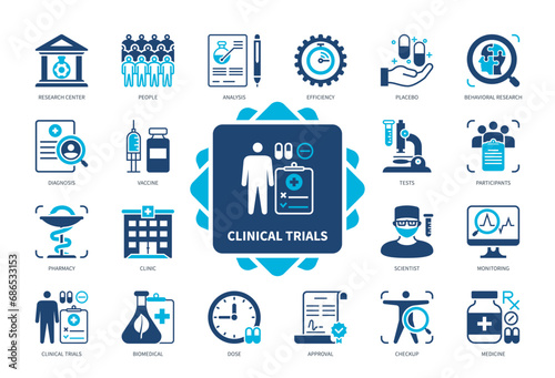 Clinical Trials icon set. Research Center, Placebo, Analysis, Participants, Tests, Biomedical, Effectivity, Approval. Duotone color solid icons