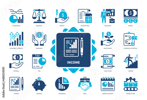Income icon set. Payroll, Cash Flow, Savings, Economic Growth, Career, Dividends, Business, Investment. Duotone color solid icons
