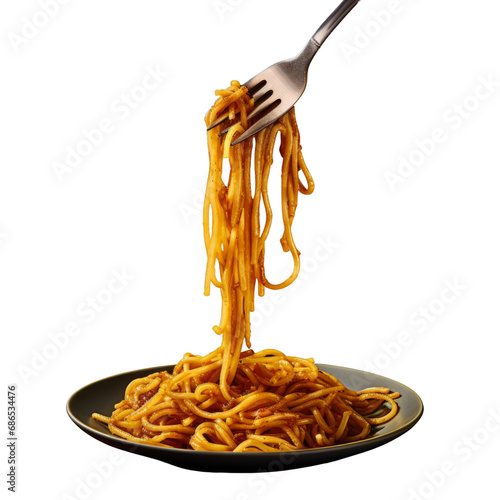 Twirled spaghetti with sauce being lifted from a plate on a fork, transparent background.