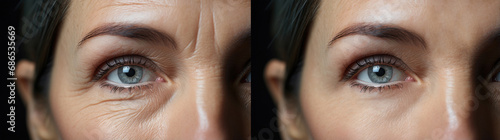 A woman with wrinkles and no wrinkles around her eyes. Photos before and after.