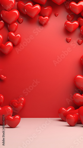 Red podium background for product, Symbols of love for women's holiday, Valentine's Day, 3D rendering.