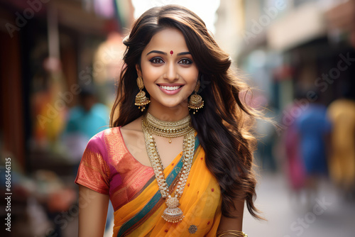 beautiful indian girl in saree and jewelry smiling, street background