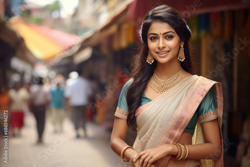 beautiful indian girl in saree and jewelry smiling, street background