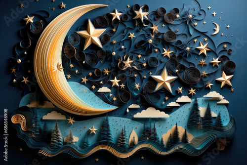 Stars and a crescent moon behind clouds on a blue background. Paper applique or quilling. The concept of weather