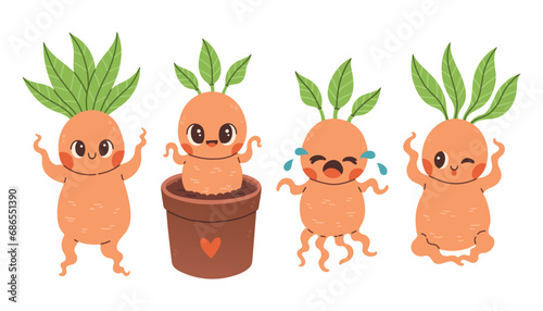 Cute mandrake set. Magic plants. Cartoon mandragora for stickers, cards, scrapbooking. Witchcraft symbols.