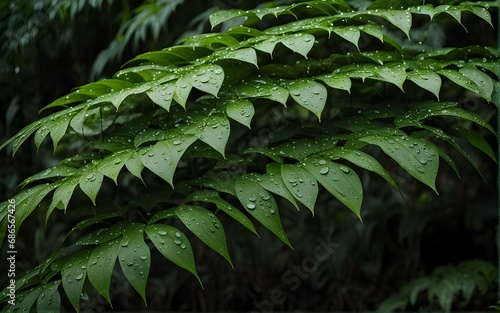 rain water drops on fern leaf in the forest