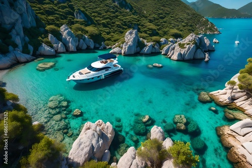 speed boat on blue aea at sunrise in summer. aerial view of motorboat in blue lagoon, rocks in clear azure watar, tropical landscape with vacht, mountain with green forest. top view oludeni