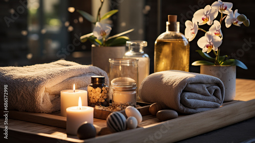 beauty treatment and spa salon accessories on a spa table in a luxury spa resort.