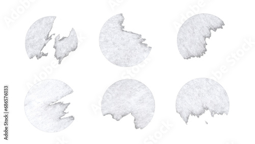 Set of duct torn paper tape circles in png format, isolated white ripped circles of adhesive tape on transparent background